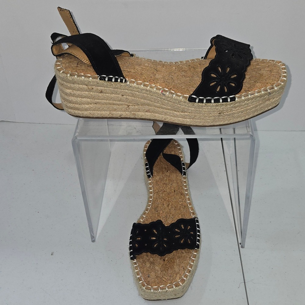 Crown Vintage Fentisa Black Leather Espadrille Platform Sandals Womens 10 M 42